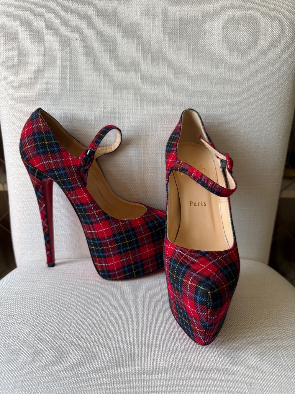 Christian Louboutin Red Tartan Mary Jane Platform Pumps